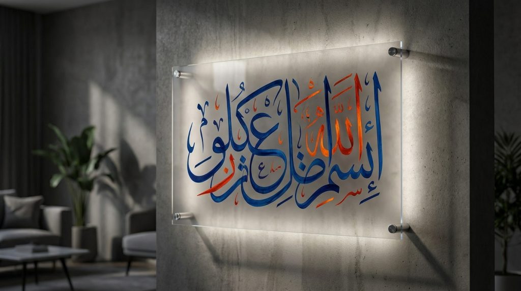 explorez la beauté de la calligraphie arabe moderne sublimée sur des tableaux en plexiglas pour une décoration élégante et unique.