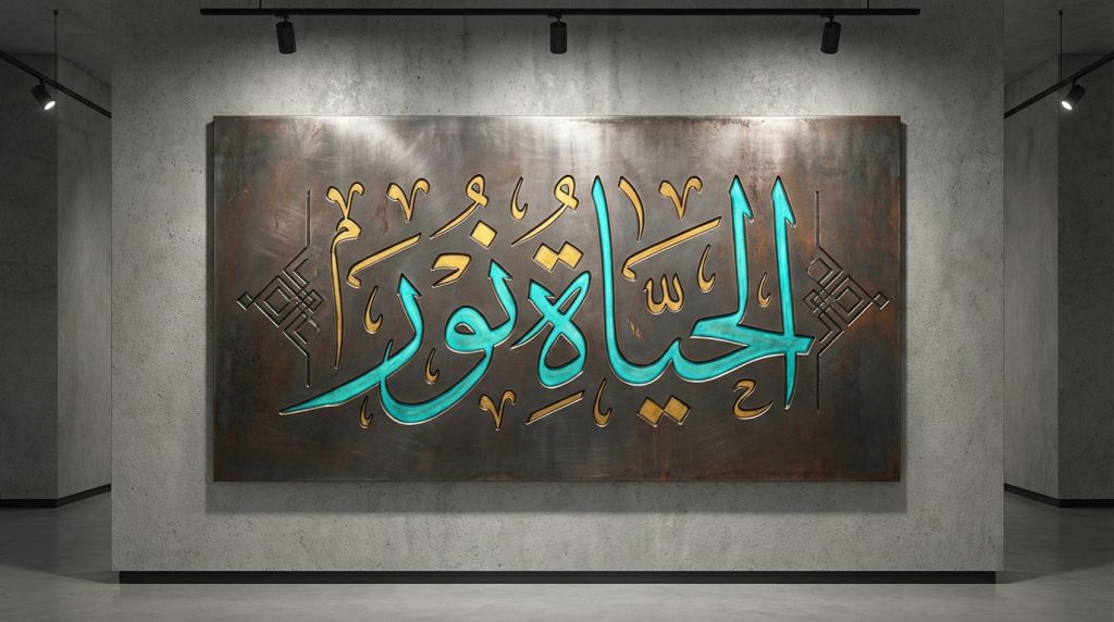 explorez la beauté et la finesse de la calligraphie arabe gravée sur métal, une fusion artistique qui sublime tradition et modernité.